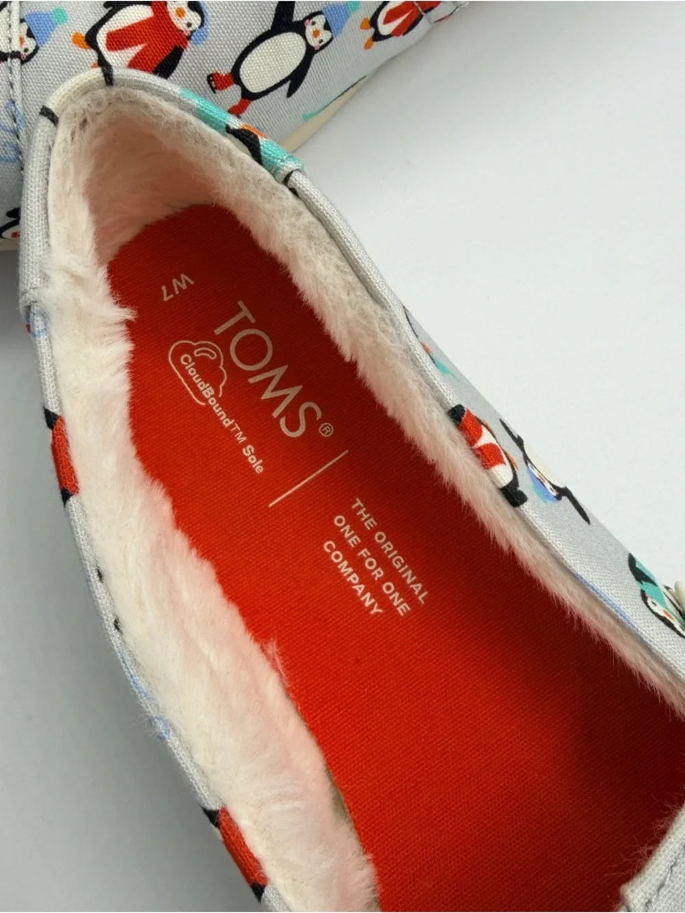 Toms Penguin-Print Slip-Ons in Light Gray with Teal and Red Accents - Picture 3 of 4